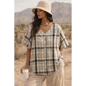 Vintage Plaid Button Up Shirt Short Sleeve Womens XL Boxy Fit